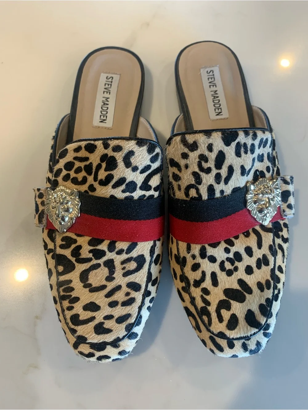 Steve Madden Karisma Leopard Print mules with Red & Black Ribbon. Size 8 1/2 M - Picture 1 of 4